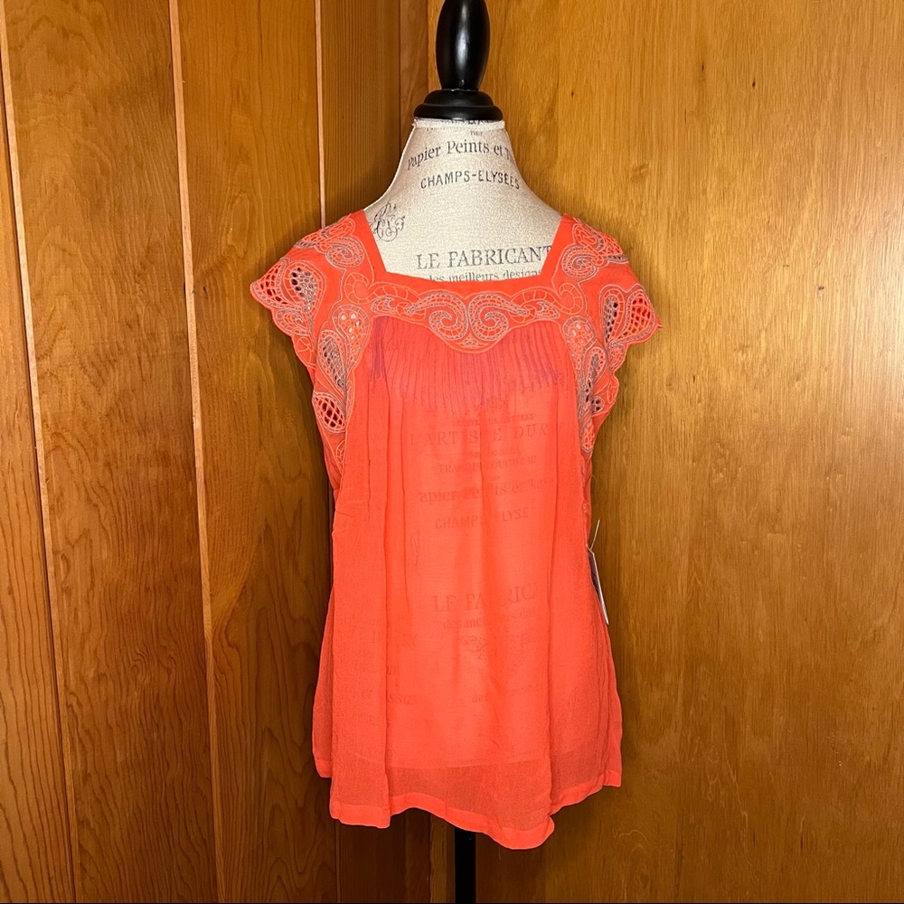 Anthropologie Isato Coral Blouse with Embroidered Detail Size M